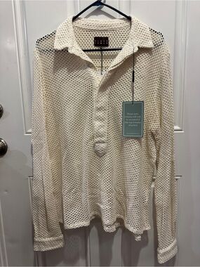 NWT Albus Lumen Cream Mesh Knit Long-Sleeve 100% Silk Polo Shirt Textured Weave
